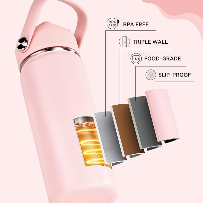Fijinhom 18oz Insulated Stainless Steel Water Bottle, Wide Mouth Double Wall Vacuum, Silicone Straw, Sweat & Leak Proof, BPA Free Insulated Water Flask for Travel, Keep Cold 24h Hot 12h, Coral Pink