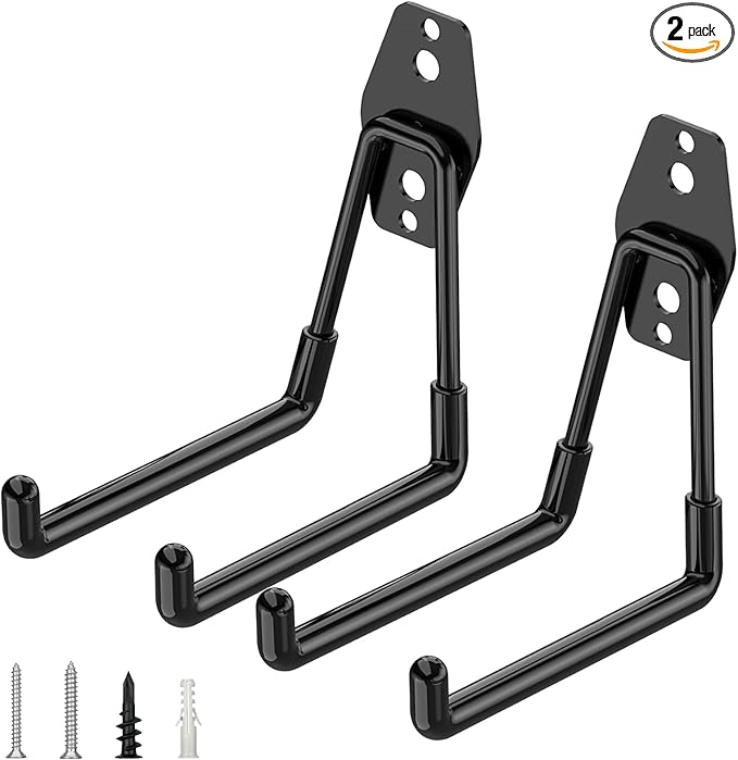 TICONN 2 Pack Heavy Duty Garage Hooks, Steel Utility Wall Storage Hooks, Wall Mount Hanger Organizer for Ladders, Bikes, Tools, Bulky Items (Medium, Black Square)
