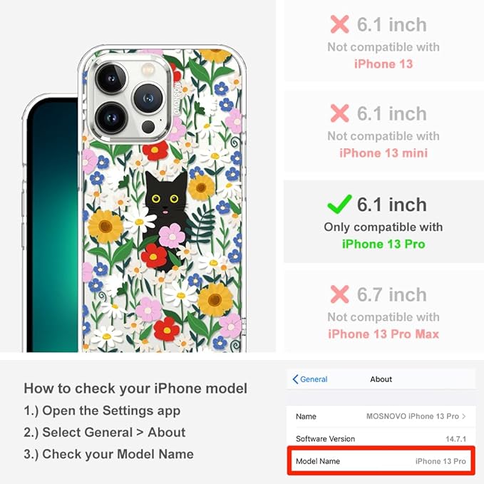 MOSNOVO Case for iPhone 13 Pro, [Buffertech 6.6ft Military-Grade Drop Protection] [Anti Peel Off Tech] Clear TPU Bumper Phone Case Cover Design - Black Cat in Garden