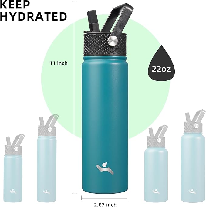 Konokyo 22oz Stainless Steel Bottles with 3 Lids Sport Insulated Water Bottle,Light Blue