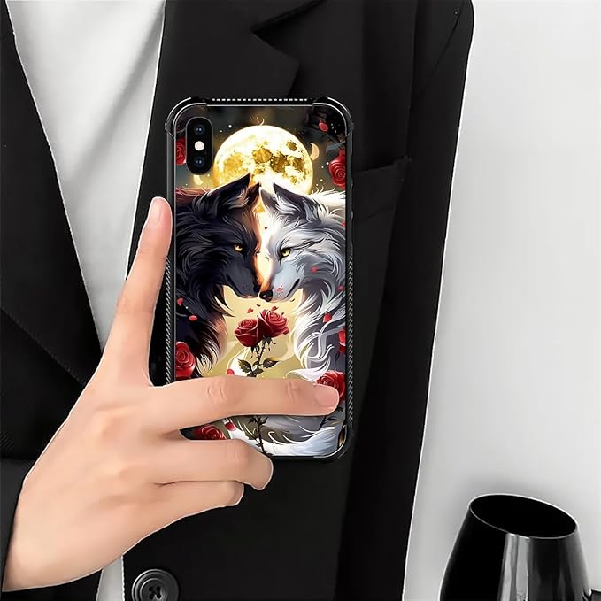for iPhone X/Xs Case, Black White Wolf Moon Flower Rose Pattern Made of Soft Silicone Hard Acrylic Shock Protection for iPhone X/Xs