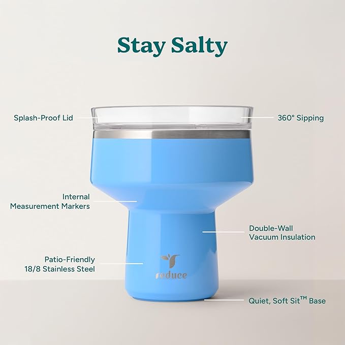 REDUCE Saltini 16 oz Cocktail Tumbler - Insulated Margarita Tumbler with Lid - Keeps Drinks Cold for 10 Hours - 360 Sippable Martini Glass Alternative - Shatterproof, Perfect for Parties - Oahu Blue