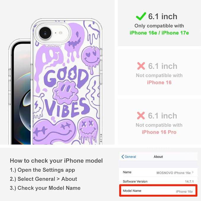 MOSNOVO for iPhone 17e Case/iPhone 16e Case, Shockproof Military-Grade Protection 6.6ft Drop Tested, Clear Phone Case for iPhone 16e / iPhone 17e, Good Vibes Design