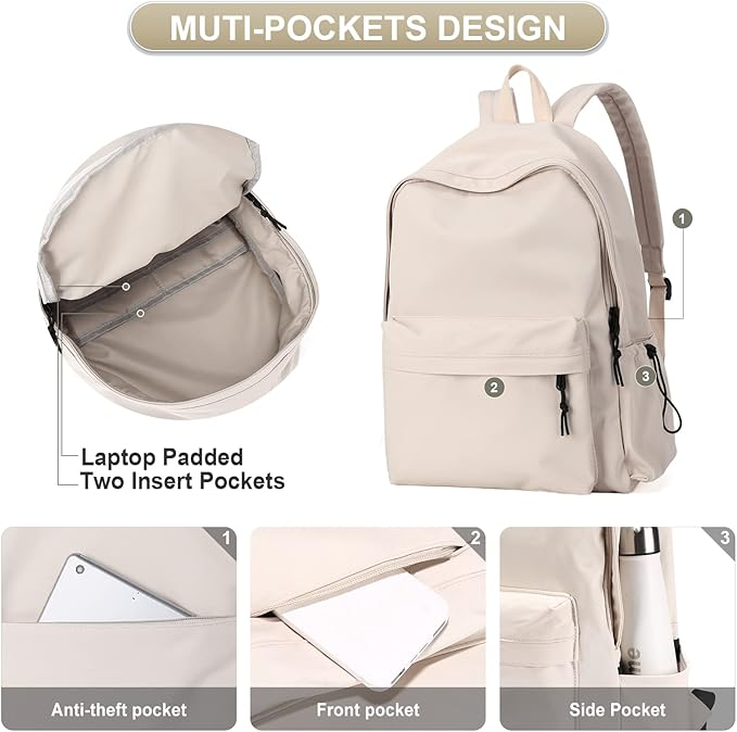 Beige School Backpack for Girls Water Resistant High School Book Bag Simple Backpack for Teens Boys Girls, Lightweight Middle School Back Pack Daypack