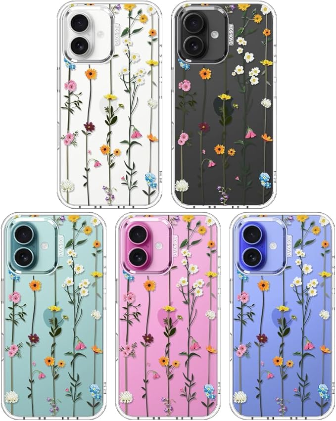 MOSNOVO Case for iPhone 16, [Buffertech 6.6ft Military-Grade Drop Protection] [Anti Peel Off Tech] Clear TPU Bumper Phone Case Cover Design - Wildflowers