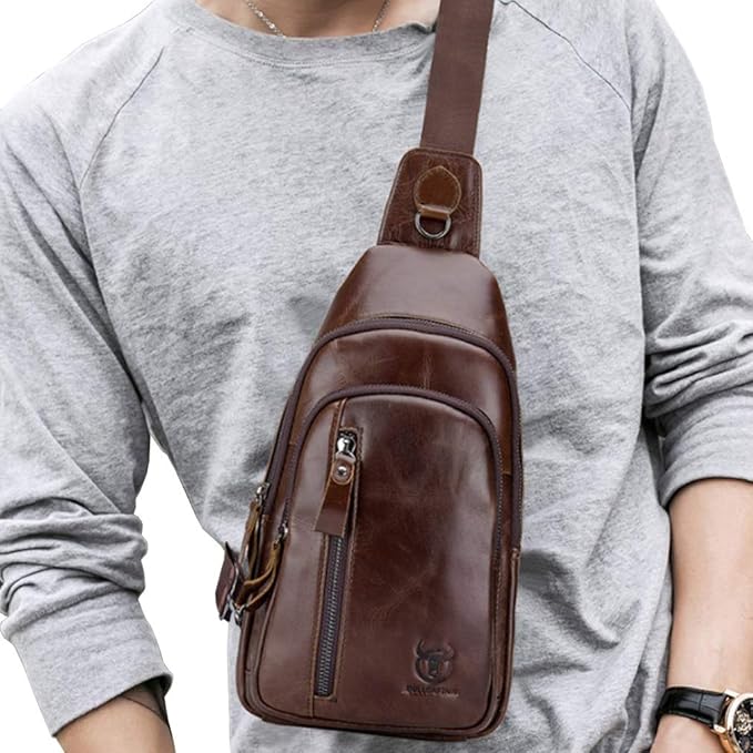 Hebetag Leather Sling Bag Crossbody Backpack for Men Women Travel Outdoor Business Casual Shoulder Chest Bags Day Pack Daypack Brown