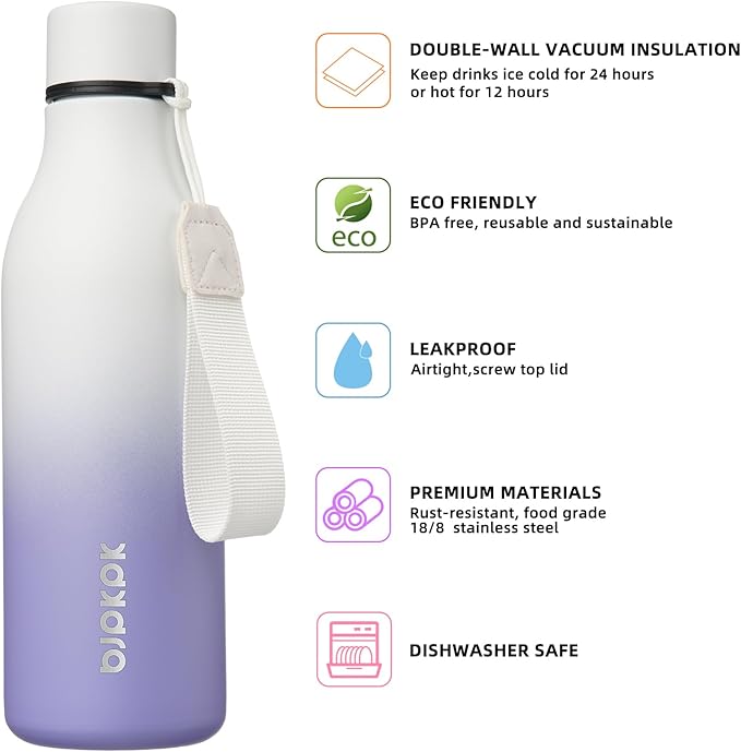 BJPKPK Insulated Water Bottle, 18 oz, Stainless Steel | Leak Proof | Pack of 2 | Lilac Elegance | With Strap