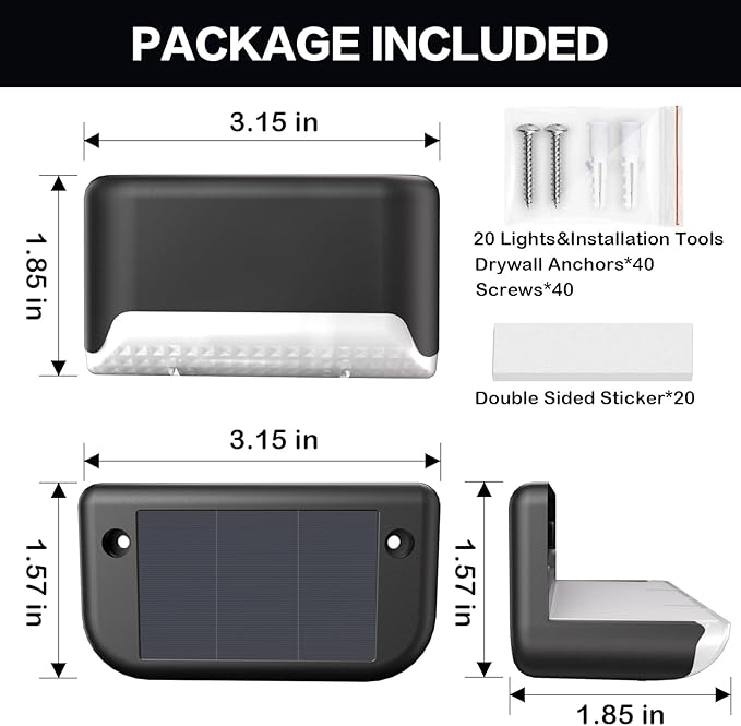 BKBB PPBB Solar Deck Lights Outdoor, 20 Pcs Solar Step Lights, Waterproof LED Solar Lights for Outdoor Stairs, Step, Fence, Yard, Patio, Railing, Garden and Pathway