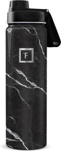 IRON °FLASK Camping & Hiking Hydration Flask with Spout, Wide Mouth Insulated Stainless Steel Sports Water Bottle - Black Marquina 24 oz - Spout (1 Lid)