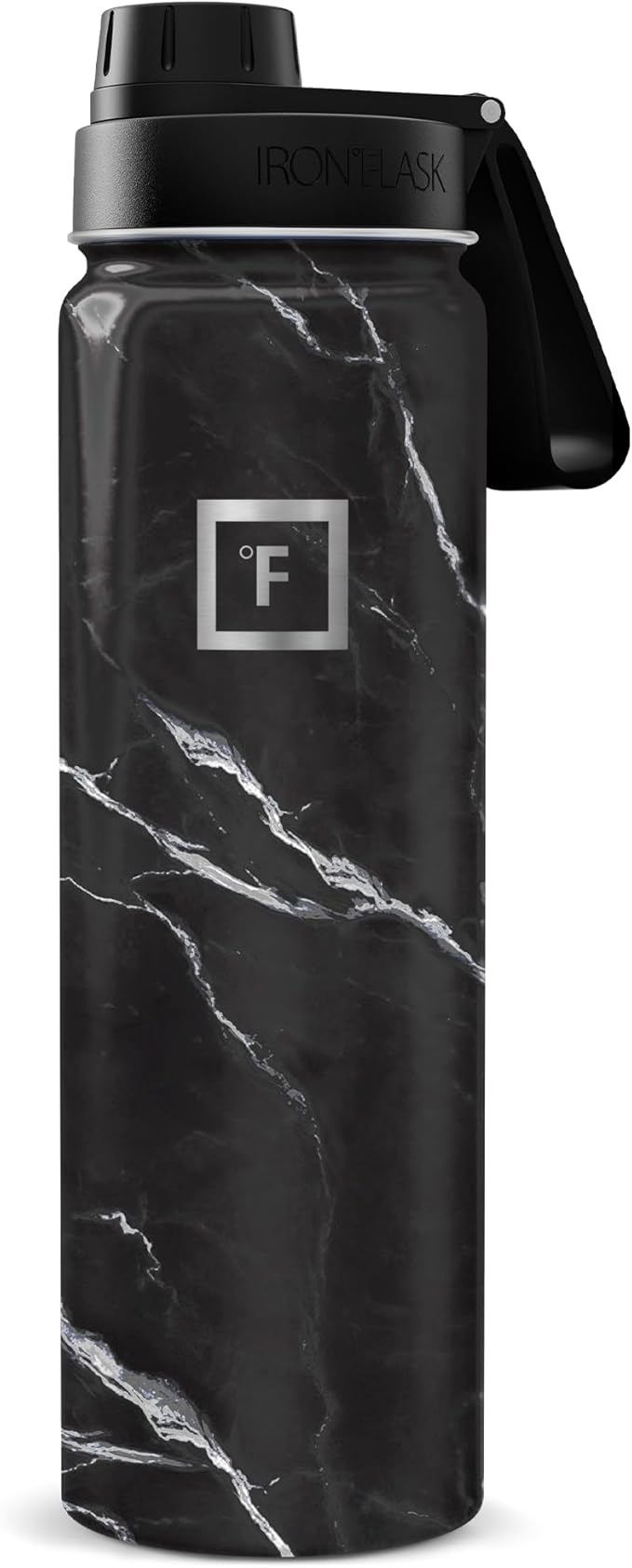 IRON °FLASK Camping & Hiking Hydration Flask with Spout, Wide Mouth Insulated Stainless Steel Sports Water Bottle - Black Marquina 24 oz - Spout (1 Lid)