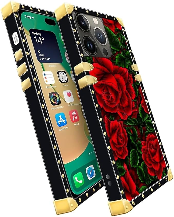 Compatible with iPhone 14 Pro Case, Vector Red Rose Green Leaf Luxury Golden Decoration for Girl Women Soft TPU Shockproof Protective Hard PC Back for iPhone 14 Pro