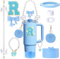 9pcs Stanley Cup Accessories Set- for 30oz 40oz Tumblers with Handle - Bule Kit Includes Bow Straw Topper and Boot, Charm, Pearl Handle Strap & Stickers - Aesthetic Girl Gifts (R)