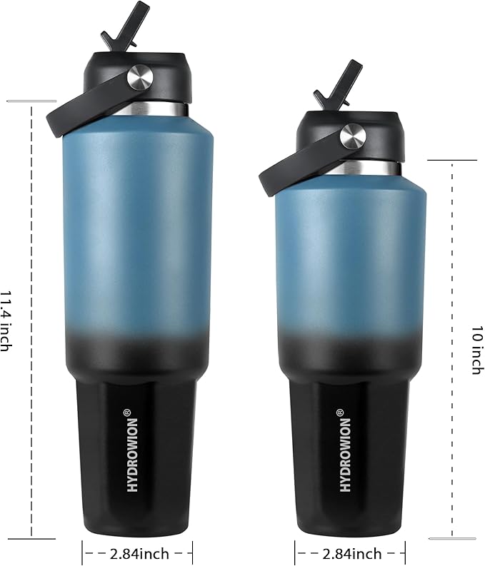 HYDROWION 32 oz Insulated Water Bottle, Car Water Bottle Holder - Double Wall Vacuum Insulated Travel Bottle with Straw Lid, Spout Lid and Flex Cap - Cold for 24H, Hot for 12H, Cobalt