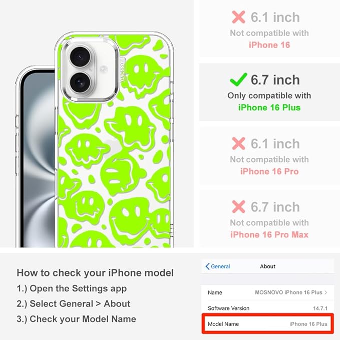 MOSNOVO Case for iPhone 16 Plus, [Buffertech 6.6ft Military-Grade Drop Protection] [Anti Peel Off Tech] Clear TPU Bumper Phone Case Cover Design - Distorted Green Smiles Face