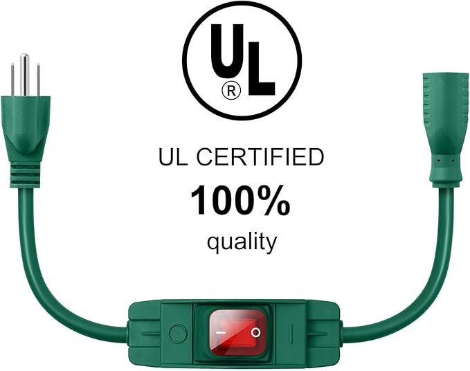 SJTW Outdoor Extension Cord with Waterproof Switch - 1.5 Ft, Green, 125v/250v