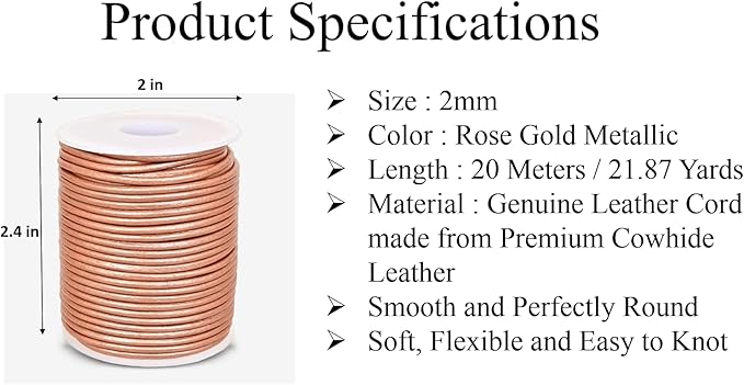 GENIQUE Real/Genuine Round Leather String Cord for Necklace, Bracelets, Jewelry, Kumihimo Braiding, DIY Projects (20 Metres) (2mm, Rose Gold Metallic)