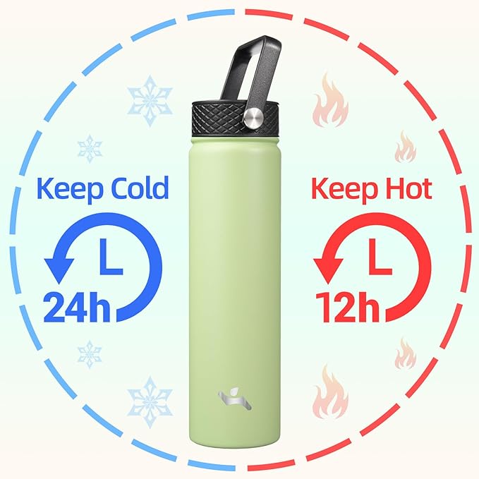 Konokyo Insulated Water Bottle 24oz Stainless Steel Sport Bottles with 3 Lids,Macaron Green