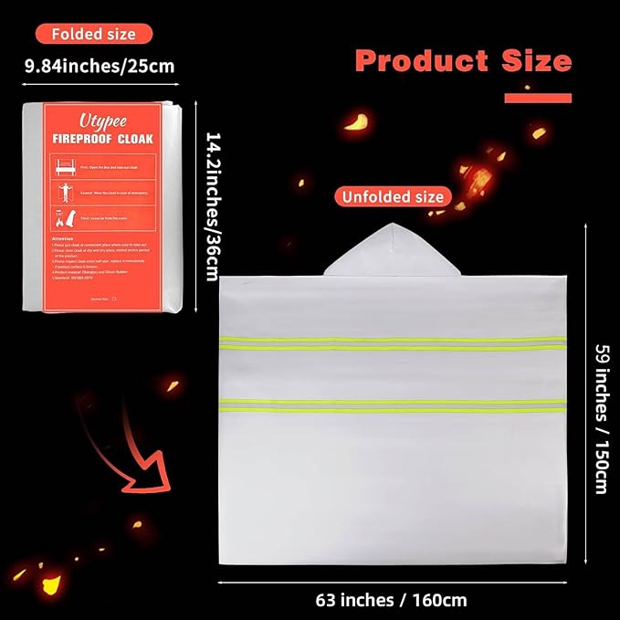 Emergency Fireproof Cloak with Hood – Silver Silicone Coated Fiberglass Fire Blanket, 59 x 63 Inches, Heat Resistant Safety Cover for Escape- fire Retardant Blanket - fire Extinguisher