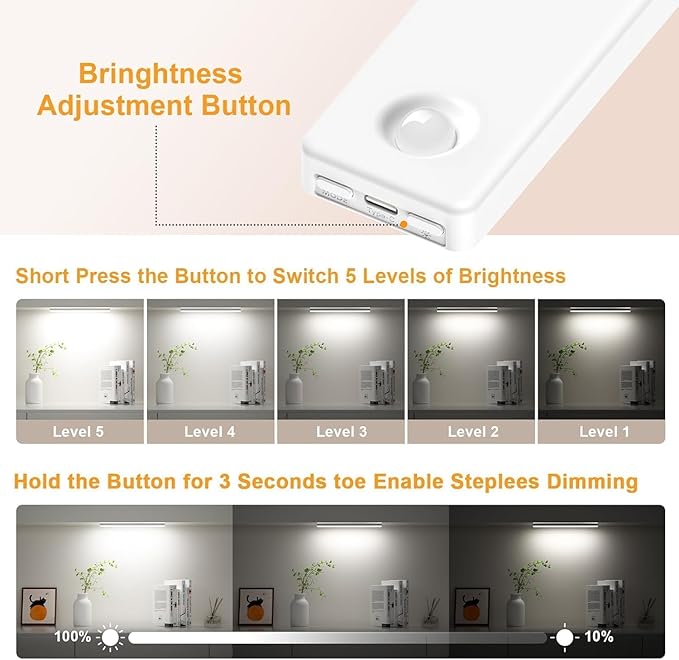 13inch Under Cabinet Lighting, 2500mAh Motion Sensor Light Indoor, USB Rechargeable Battery Operated Closet Light, Dimmable LED Cabinet Lights, Under Counter Light for Kitchen-2 Pack