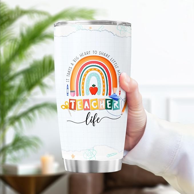 Teacher Appreciation Gift for Women, Cute Rainbow Design Stainless Steel Tumbler, 20oz Insulated Travel Cup with Nutrition Facts, Back to School, End of Year, Birthday Thank You Idea