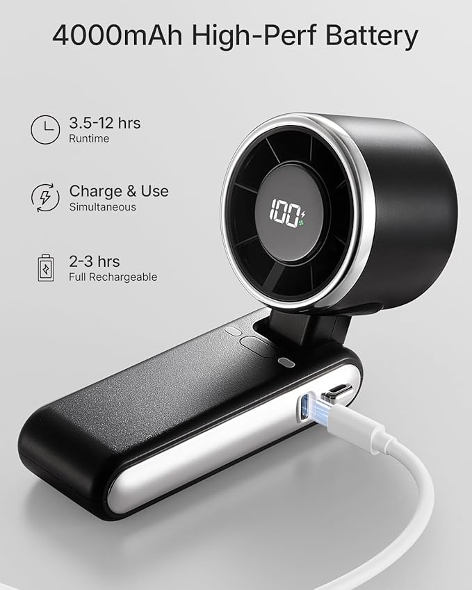 Portable Handheld Turbo Fan - 5 Gear High Speed 4000mAh Rechargeable Mini Personal Hand Fan Blow Cold Air, Battery Operated Travel Essentials, Beach Vacation, Gifts for Women, Men (Black)