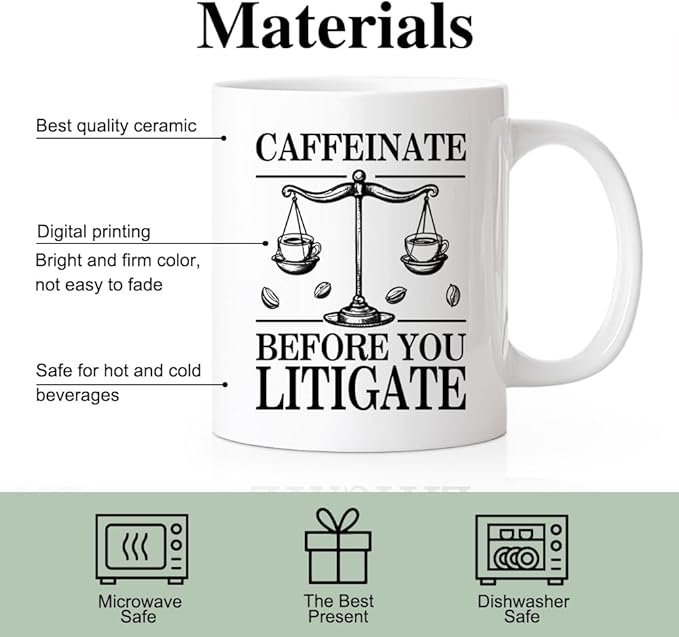 RZHV Caffeinate Before You Litigate 11 Oz Novelty Mug, Funny Coffee Bean Balance Mug for Coffee Lover Paralegal Attorney, Graduate Gifts for Attorney, Thank You Present for Lawyer Judge