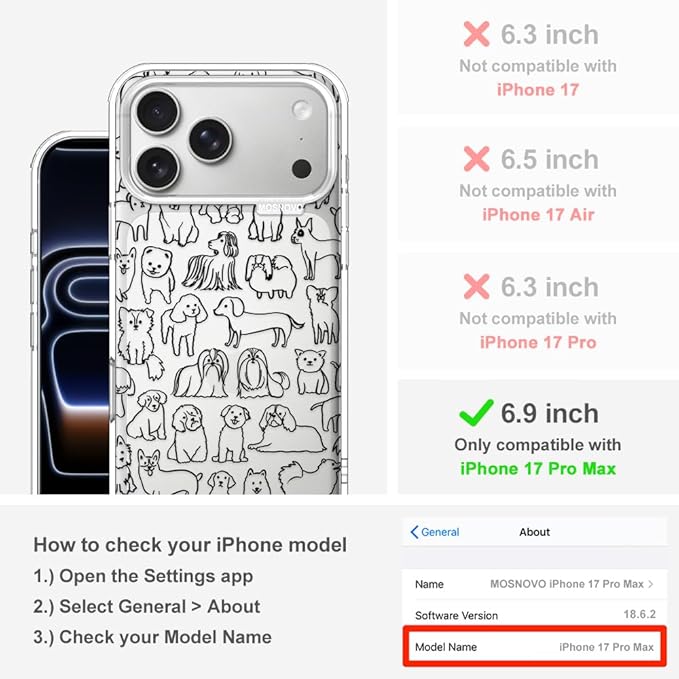 MOSNOVO for iPhone 17 Pro Max Case | Military Grade 6.6ft Drop Tested | Camera Control | Clear with Doodle Dog Design
