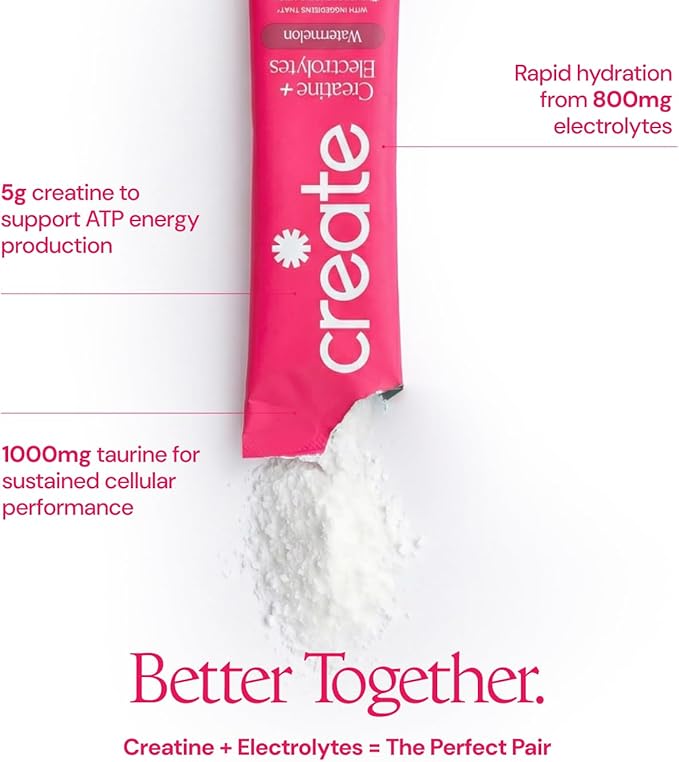 Create Creatine + Electrolytes Mix - Creatine Monohydrate Stick Packs, Supports Energy and Hydration, NSF Certified for Sport, 30 Count, Watermelon