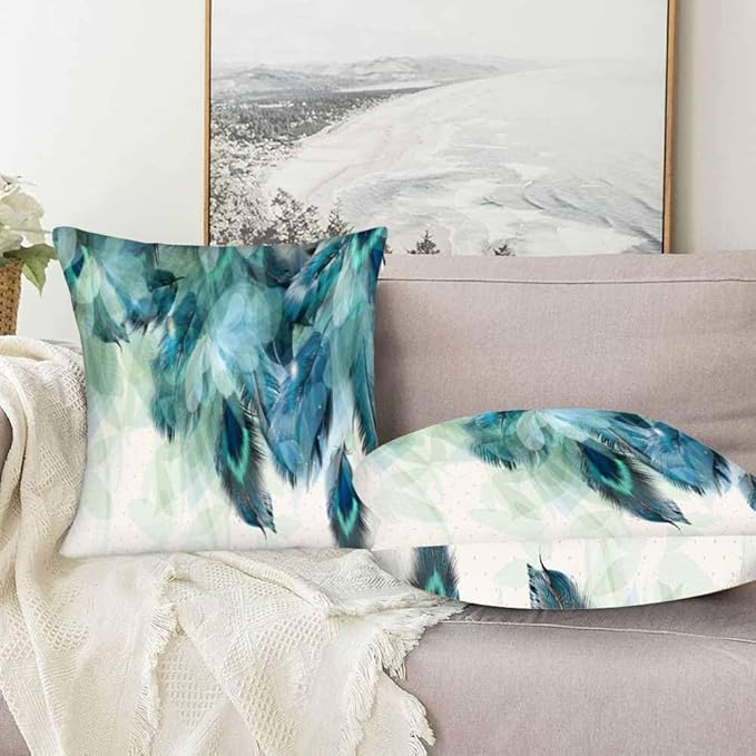 Peacock Feather 18 X 18 Pillow Covers Watercolor Gradient Blue Soft Halo Green Leaves Set of 2 Pillow Cases Square Velvet Outdoor Pillowcases Decorative for Home Bed Sofa Couch Hotel