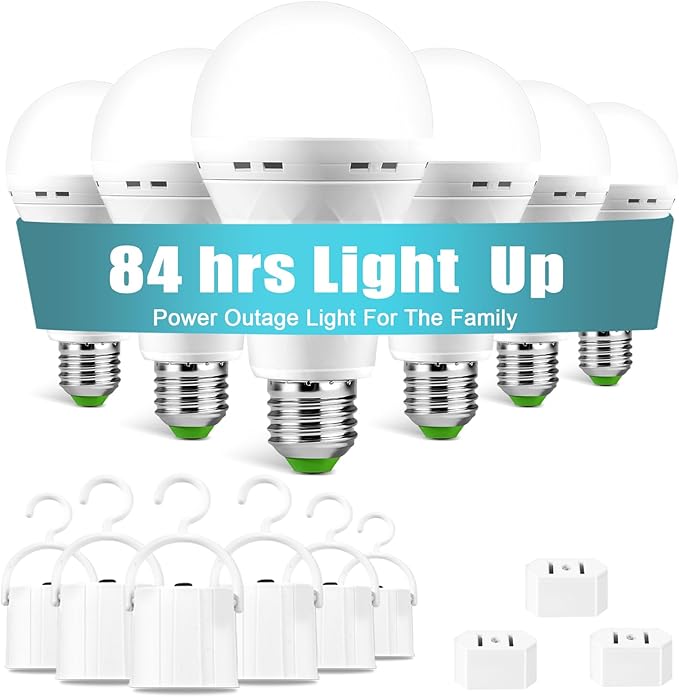 6 Pack Rechargeable Emergency Light Bulbs, Battery Powered LED Light Bulb 6000K Daylight E26 12W 60W Equivalent with 1500mAh for Home Power Outage Camping Hiking(6 Bulbs, 6 Hooks,3 Plug Caps)
