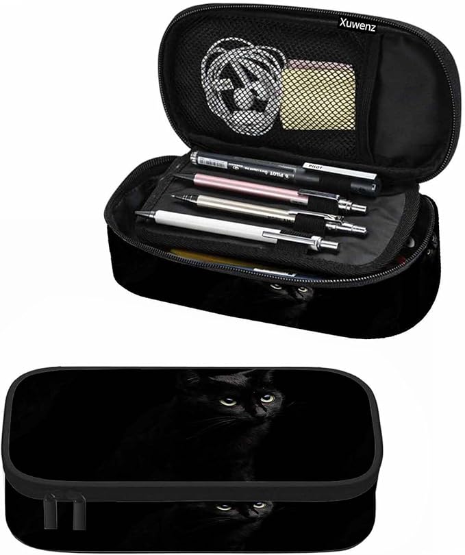 Black Cat Pencil Bag Cute Pet Animal Golden Round Eyes Big Capacity Pencil Case Pencil Pouch Pen Bag School Students Boy Girl