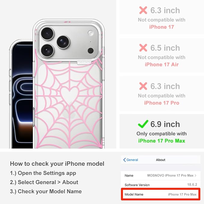 MOSNOVO for iPhone 17 Pro Max Case, Shockproof Military-Grade Protection 6.6ft Drop Tested, Camera Control, Clear Phone Case for iPhone 17 Pro Max, Pink Spiderweb Design