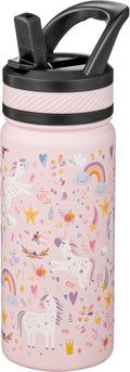 Fanhaw 18 Oz Kids Insulated Water Bottle with Straw - Stainless Steel Double Wall Vacuum Cup, Leakproof, BPA Free, Suitable for Boys and Girls(Pink - Unicorn Fields)