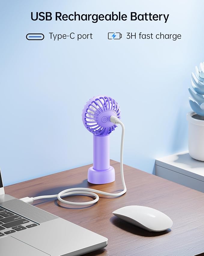 SWEETFULL Mini Portable Fan - Rechargeable Handheld Fan, 3 Speeds Personal Small Hand Gifts for Travel Essentials, Lash, Makeup, Eyelash, Kids, Girls, Women - USB, Cute Design Purple