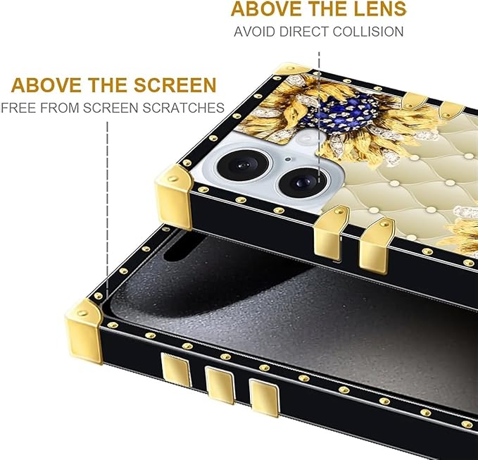 Compatible with iPhone 16 Case, Sunflower Diamonds Leather Luxury Golden Decoration for Girl Women Soft TPU Shockproof Protective Hard PC Back for iPhone 16
