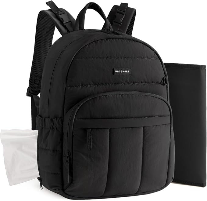 BAGSMART Diaper Bag Backpack, Multi-Pocket Puffy Diaper Bag with Waterproof Changing Pad, Lightweight Stroller-Friendly Diaper Bag with Insulated Pockets, Easy-Access Baby Essential, Black