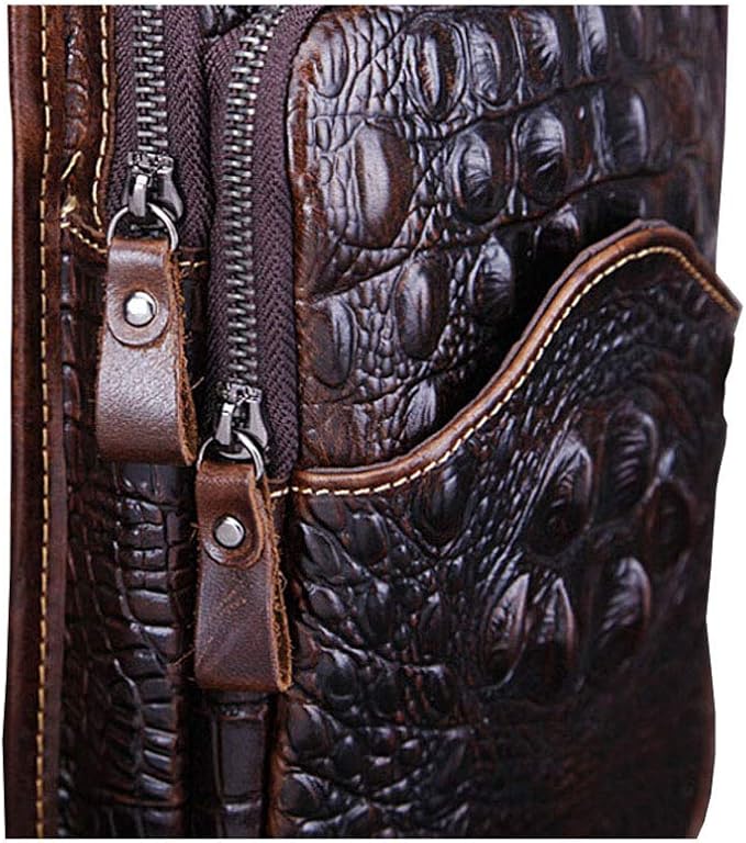 Hebetag Crocodile Genuine Leather Sling Crossbody Bag for Men Travel Outdoor Hunting Hiking Camping Shoulder Chest Pack Backpack Daypack Coffee