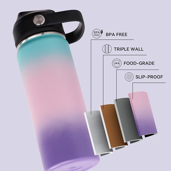 Fijinhom 18oz Insulated Stainless Steel Water Bottle, Wide Mouth Double Wall Vacuum, Silicone Straw, Sweat & Leak Proof, BPA Free Insulated Water Flask for Travel, Keep Cold 24h Hot 12h, Pink