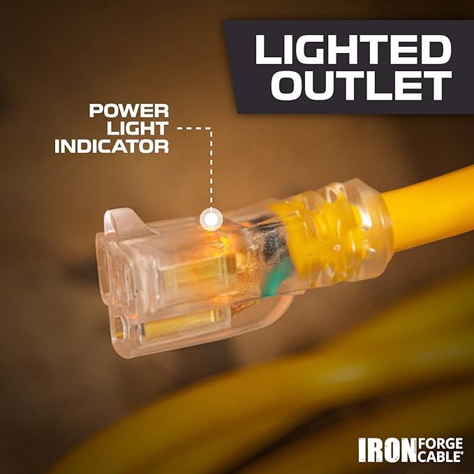 Iron Forge Cable Outdoor Extension Cord 10 Ft - 10 Gauge Outdoor Heavy Duty Extension Cord, 15 AMP, 10/3 Yellow Power Cable SJTW Weatherproof with 3 Prong