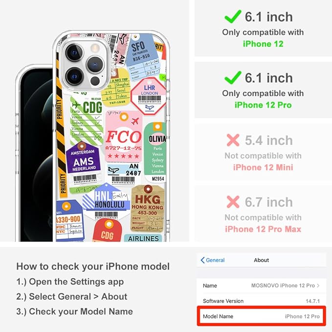 MOSNOVO Case for iPhone 12 & iPhone 12 Pro, [Buffertech 6.6ft Military-Grade Drop Protection] [Anti Peel Off Tech] Clear TPU Bumper Phone Case Cover Design - Air Ticket Labels