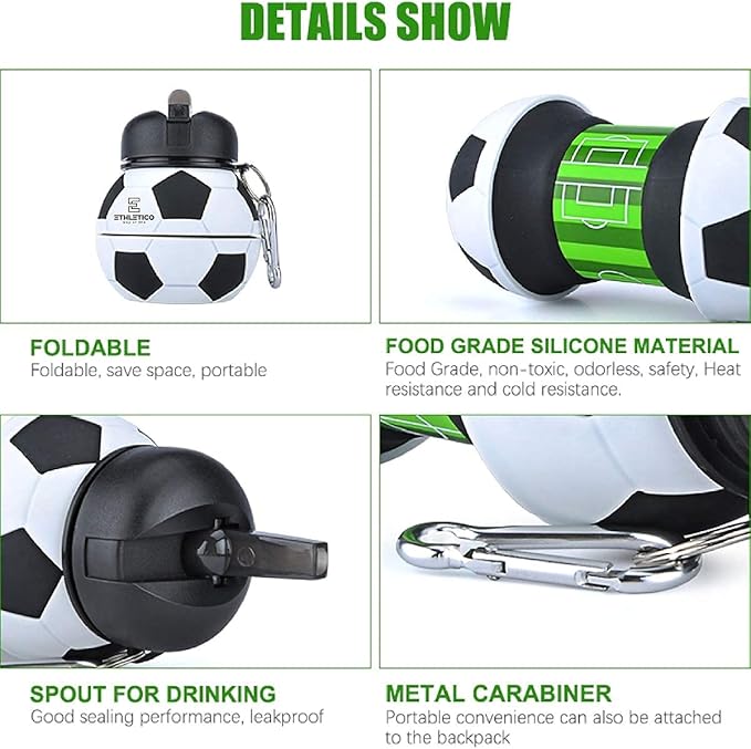 Collapsible Water Bottles with Carabiner Food Grade Sports Water Bottle for Gift Kids Folding Water Bottle for Hiking, GYM, School, Sports and Travelling 19Oz/550ml BPA Free (Soccer)
