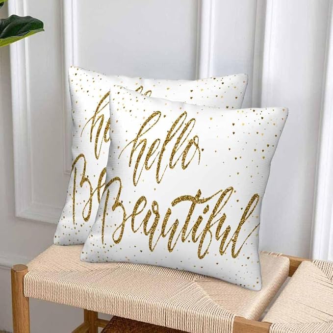 Hello Beautiful Bling Pillow Covers 18 X 18 Gold Glitter Motivational Quote Set of 2 Pillow Cases Square Velvet Outdoor Throw Cushion Pillowcases Decorative for Home Bed Sofa Couch Hotel