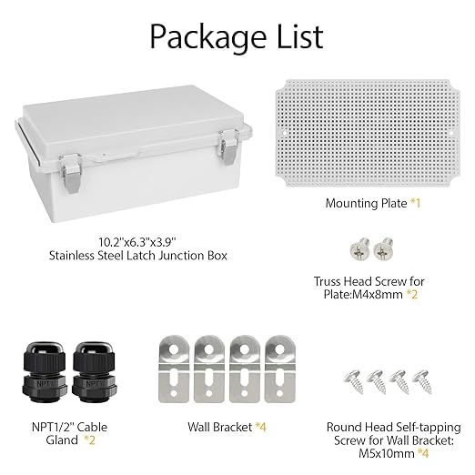 LeMotech Electrical Box, IP67 Waterproof Hinged Cover Stainless Steel Latch Junction Box, ABS Plastic Electrical Enclosure with Mounting Plate,Wall Brackets, Cable Glands, 10.2"x6.3"x3.9", Grey