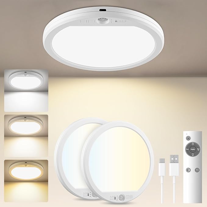 USB C Rechargeable Motion Sensor Ceiling Light 750LM with Remote, 3000K 4000K 6500K Magnetic No Wiring LED Ceiling Light Battery Powered for Shower Stairs Hallway Porch Pantry Garage Patio Shed