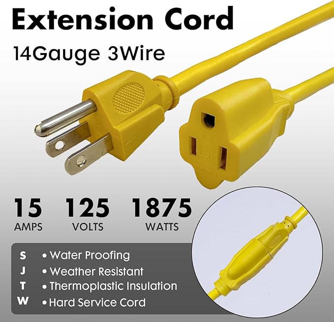 3ft Yellow Extension Cord Waterproof, UL Listed, 14/3 SJTW Heavy Duty 3 Prong, 14 Gauge 15A Power Cord Ideal for Lights, Appliances, and Lawn