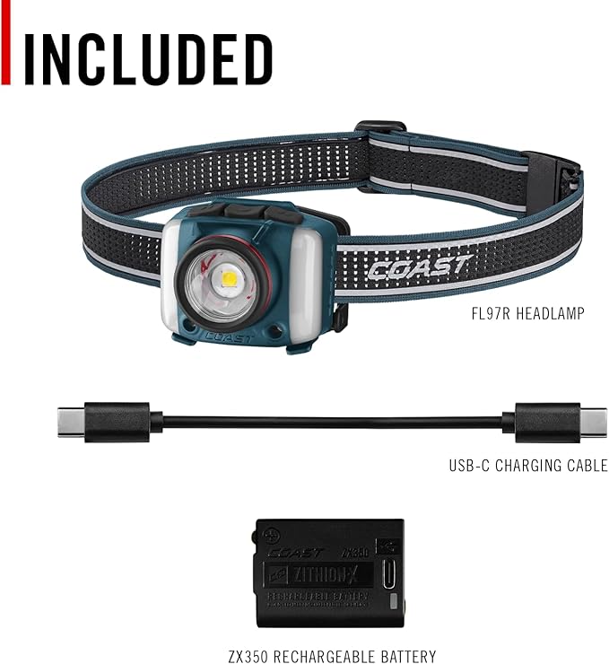 Coast FL97R Voice-Controlled 1200 Lumen Rechargeable LED Headlamp with Pure Beam® Spot & Flood, ARC Lighting, Red & Green Color Modes, Glide Focus™ Radial Arm Dial and USB-C Charge Port, Ocean Blue
