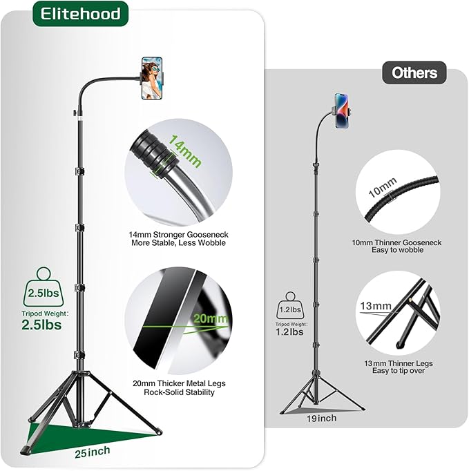 Elitehood 81" Tall Flexible Tripod Stand for iPhone with 17in Adjustable Gooseneck with Remote Compatible with iPhone 13 Pro Max / 13 Pro / 12 Pro Max, Android Phone