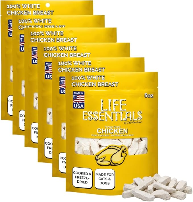 Life Essentials by Cat-Man-Doo | Chicken - 6 Pack of 5oz. Bags | Freeze Dried Chicken Cat & Dog Treats | Healthy, Single Ingredient, Training Treats, High Protein
