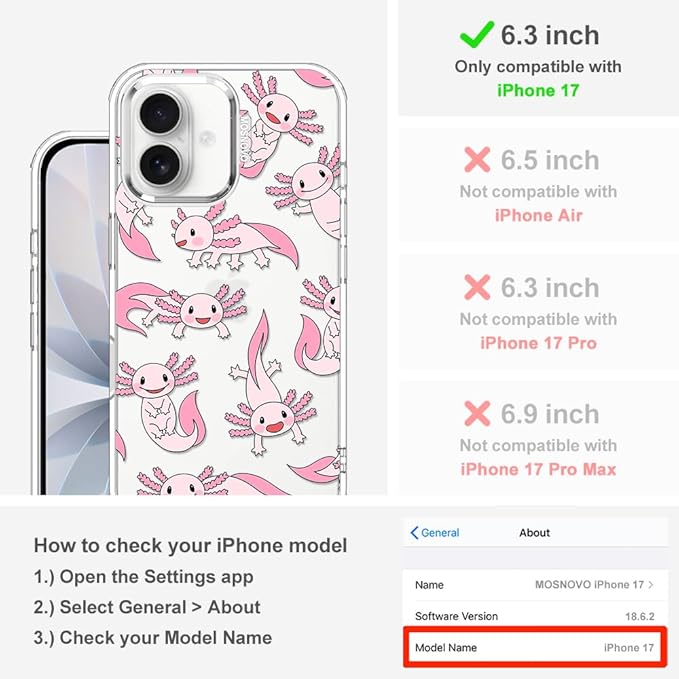 MOSNOVO for iPhone 17 Case | Military Grade 6.6ft Drop Tested | Camera Control | Clear with Pink Axolotl Design