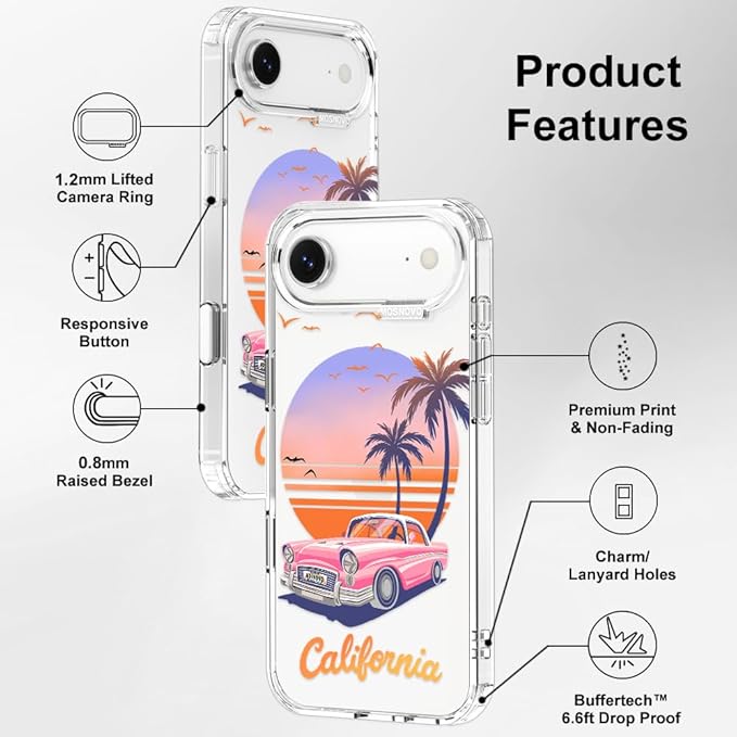 MOSNOVO for iPhone Air Case, Shockproof Military-Grade Protection 6.6ft Drop Tested, Camera Control, Clear Phone Case for iPhone 17 Air, Cali Cruise Design